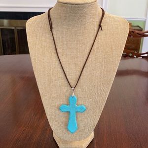 Turquoise Cross on Brown Suede Adjustable Cord Western Country Necklace